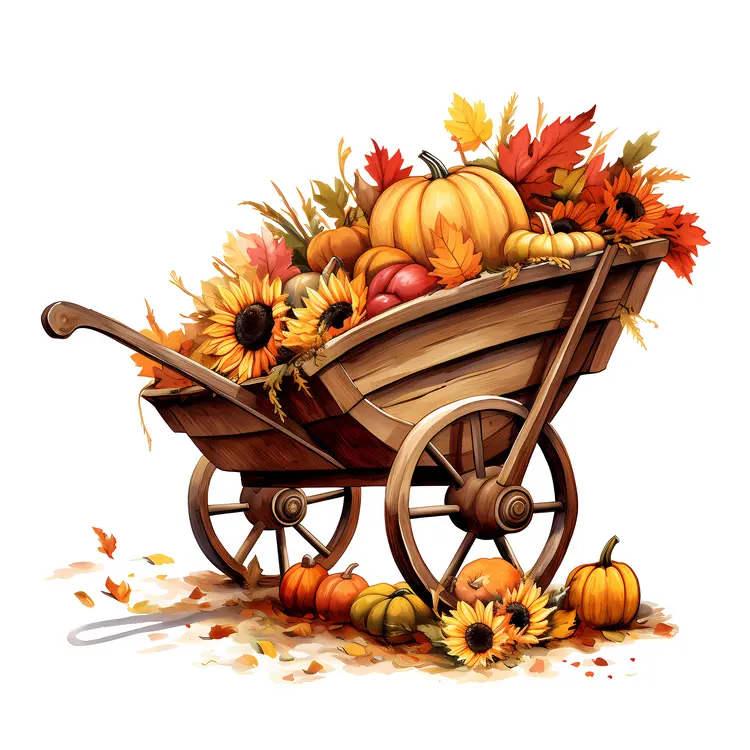 Wooden Wheelbarrow with Pumpkins and Sunflowers for Thanksgiving