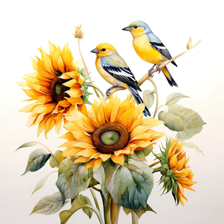 Beautiful Sunflowers with Colorful Birds