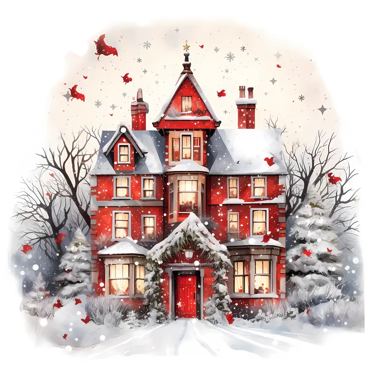 Festive Red House in Snow