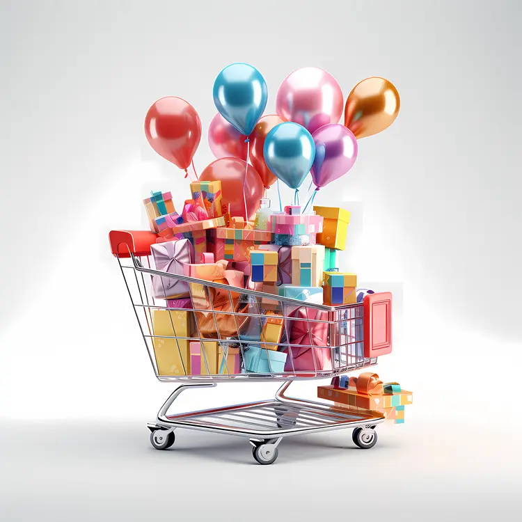 Shopping Cart Filled with Colorful Gifts and Balloons