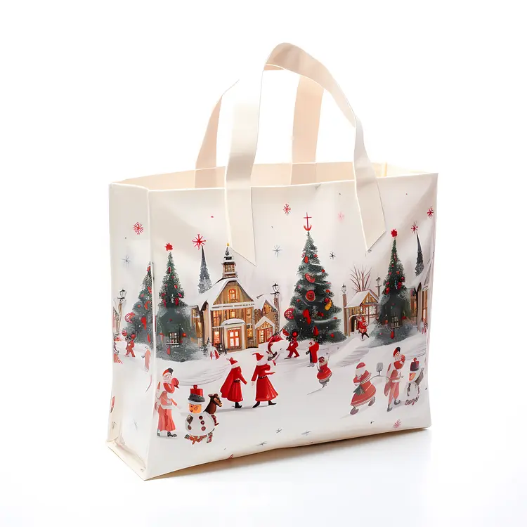Winter Village Scene with People on Holiday Bag