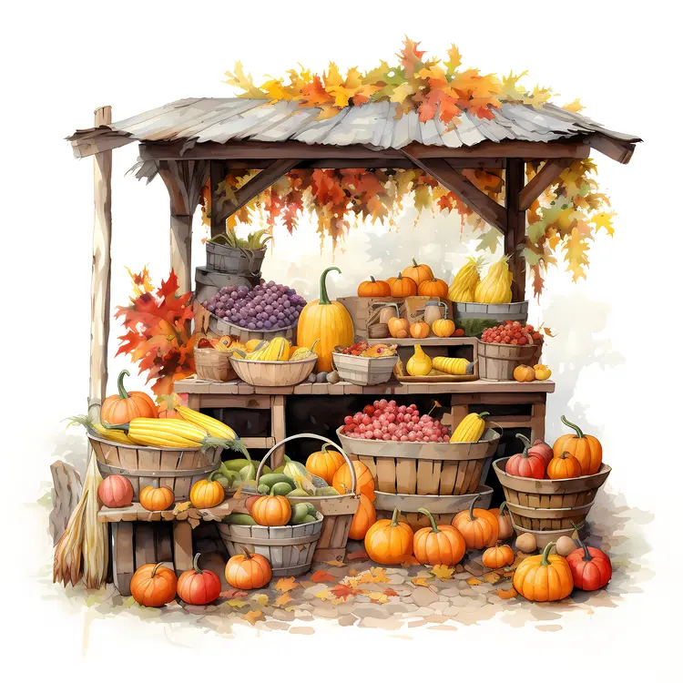 Autumn Market Stall with Pumpkins and Baskets