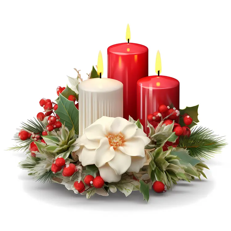 Red and White Candles with White Flower and Red Berries for Christmas Decoration