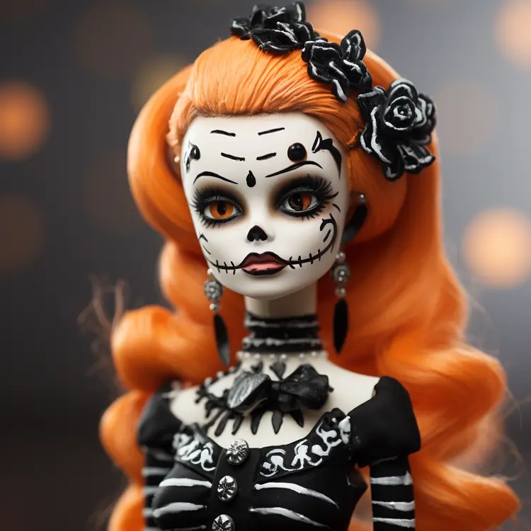 Halloween Doll with Orange Hair and Skeleton Dress