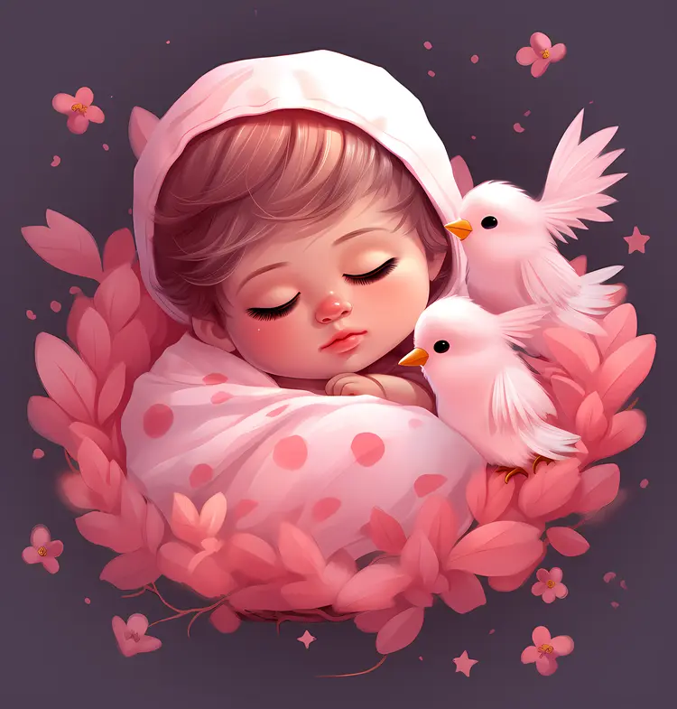Sleeping Baby with Two Pink Birds