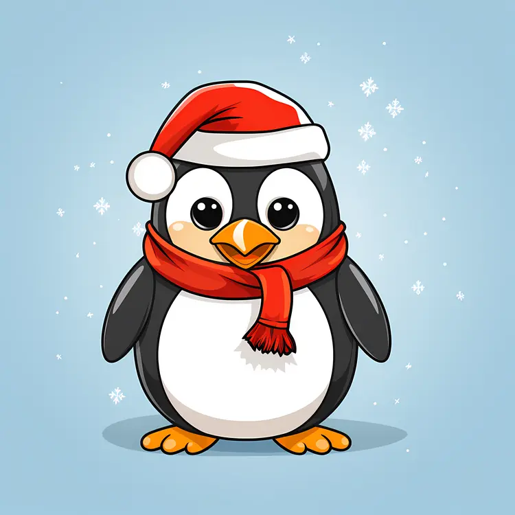 Cartoon Penguin with Santa Hat and Red Scarf