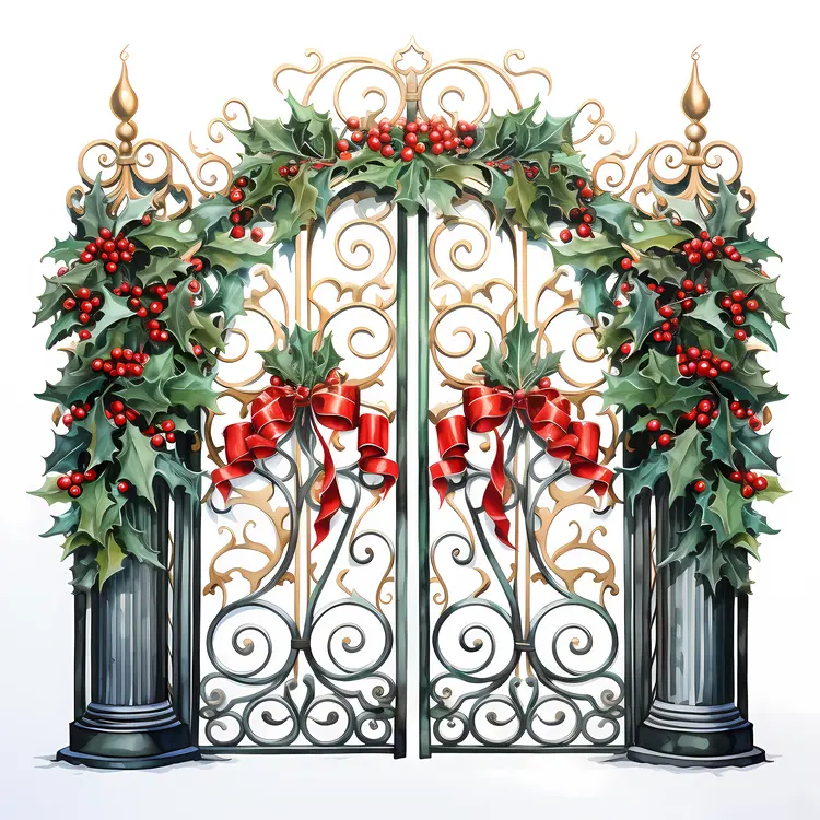 Elegant Gate Adorned with Holly and Red Bows