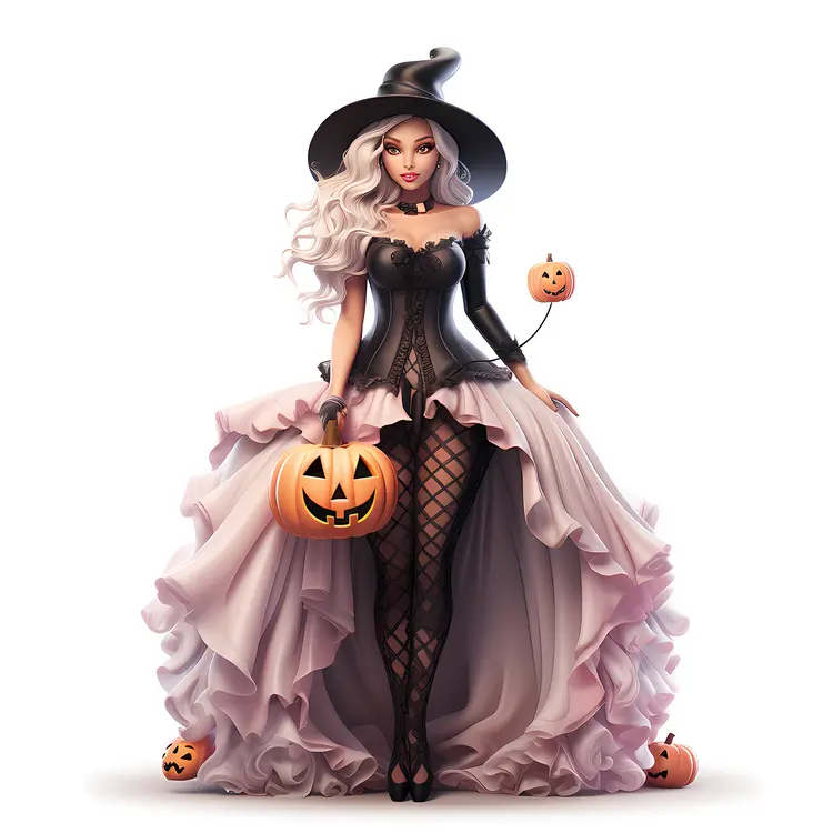 Blonde Halloween Witch with Pumpkin and Long Dress