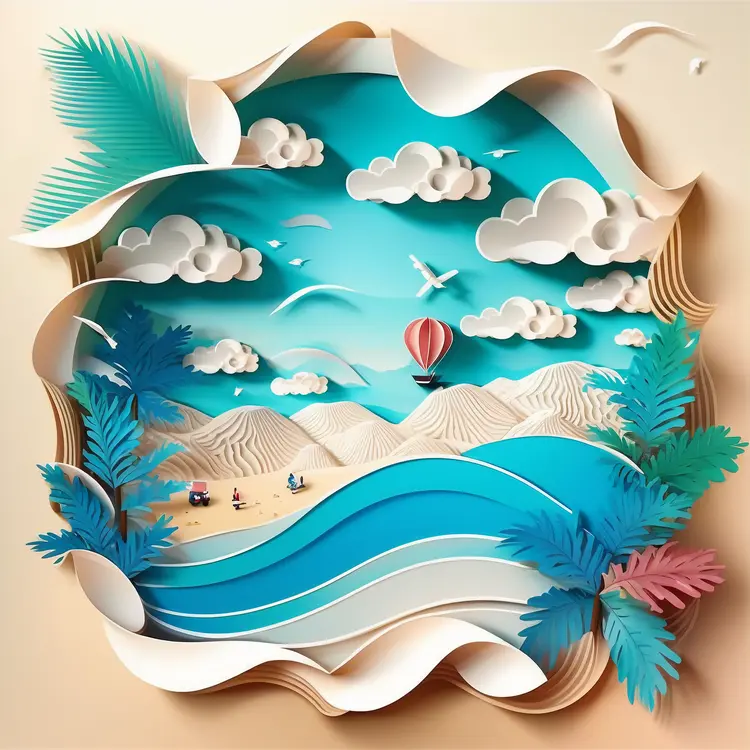 Beautiful Beach Scene with Hot Air Balloon