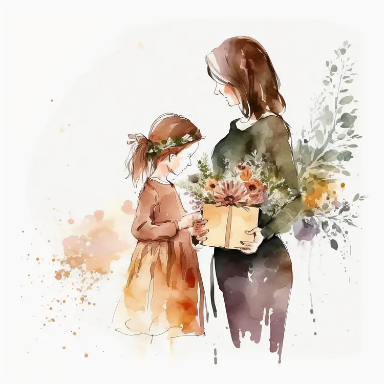 Watercolor Illustration of Mother and Daughter with Gift for Mother's Day