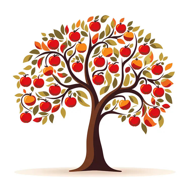 Illustrated Apple Tree with Red Fruits