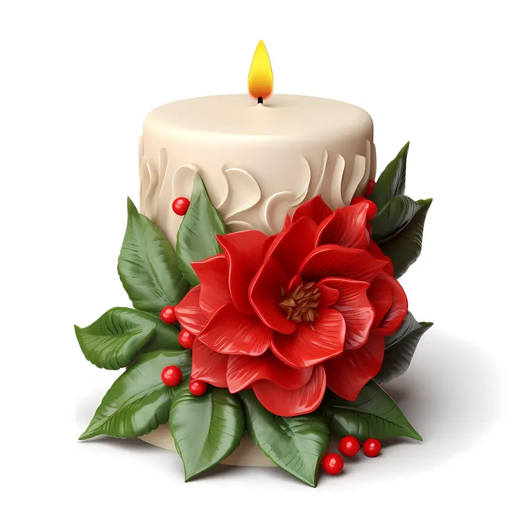 Decorative Candle with Red Flower and Green Leaves