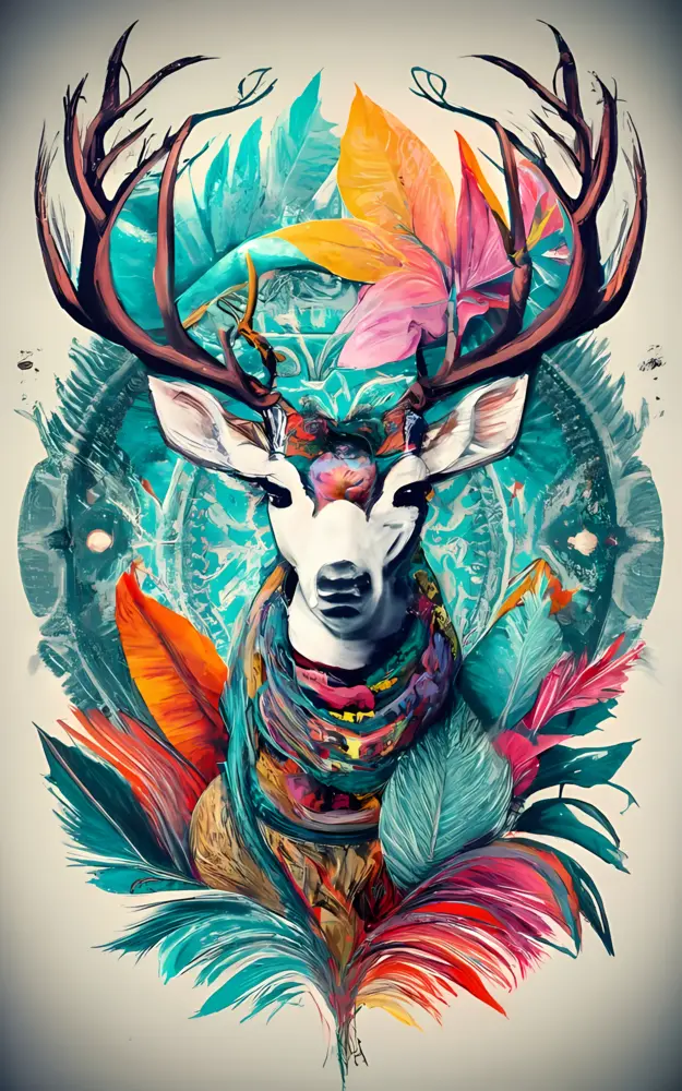 Colorful Artistic Deer with Antlers and Feathers