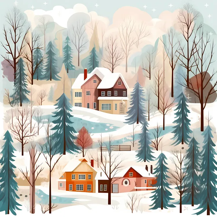 Snowy Houses in Winter Forest