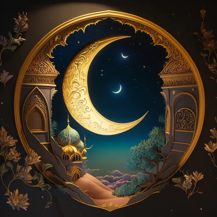 Golden Crescent Moon in Ornate Night Sky