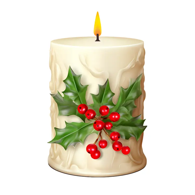 White Candle with Holly Leaves and Red Berries