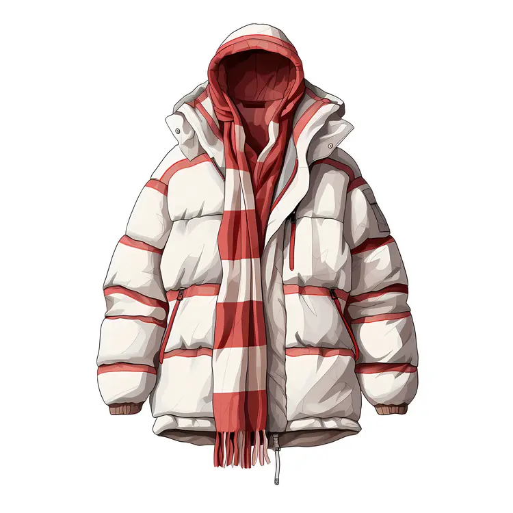 White Puffer Jacket with Hood and Scarf