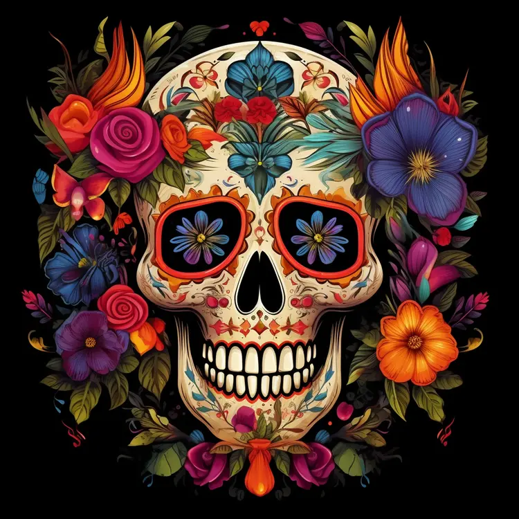 Colorful Sugar Skull with Floral Decorations for Day of the Dead