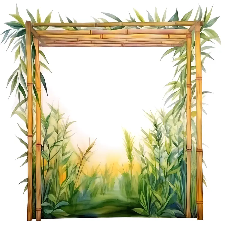 Bamboo Frame with Green Leaves in Nature Scene