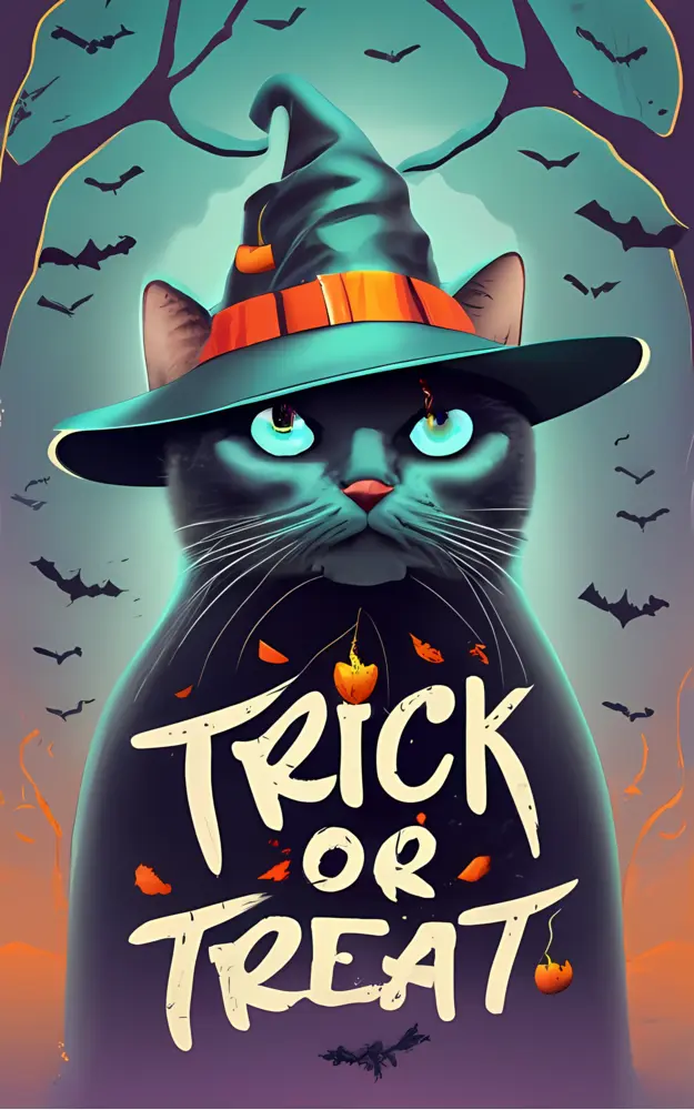 Black Cat in Witch Hat with Trick or Treat Sign