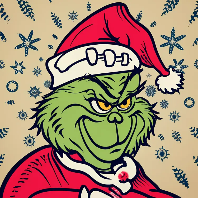 Grinch in Santa Hat with Snowy Background