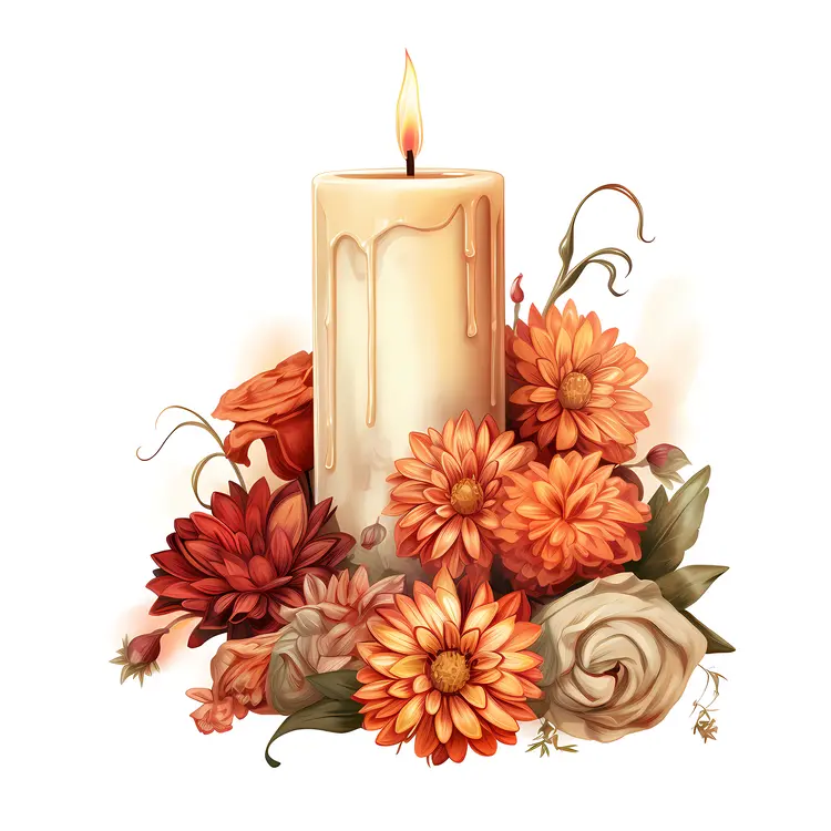 White Candle with Orange Flowers