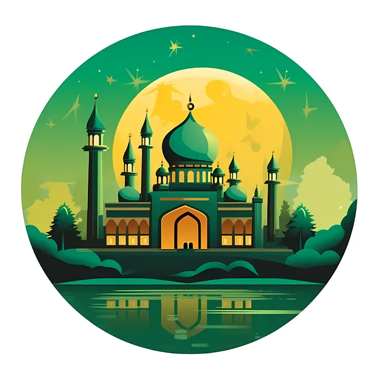 Green Mosque with Full Moon and Reflection