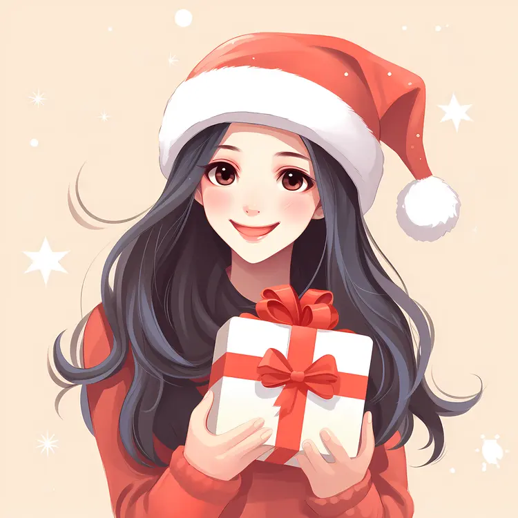Girl Holding Gift Box with Santa Hat