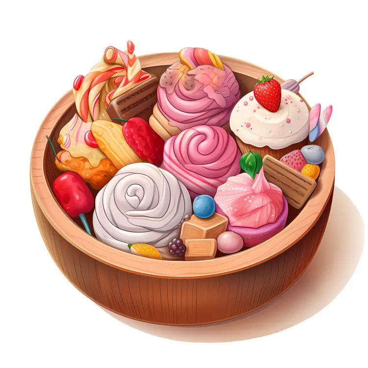 Colorful Desserts in Wooden Bowl