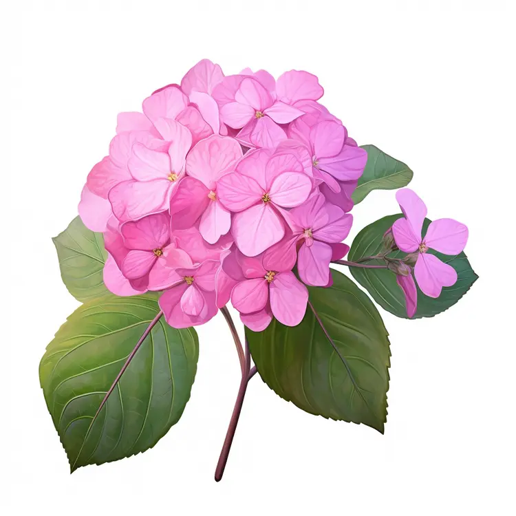 Pink Hydrangea Cluster with Green Leaves