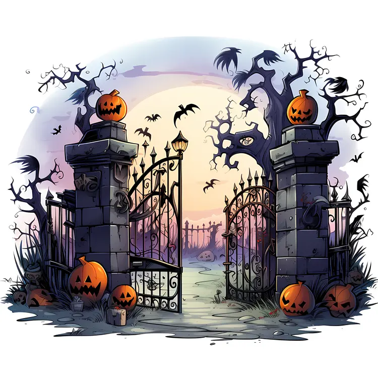 Haunted Gate with Pumpkins and Bats
