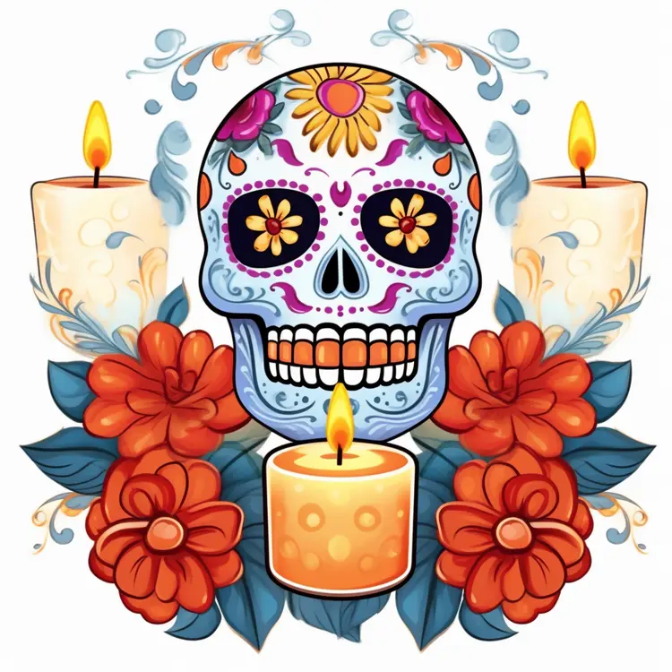 Colorful Sugar Skull with Candles and Flowers for Day of the Dead