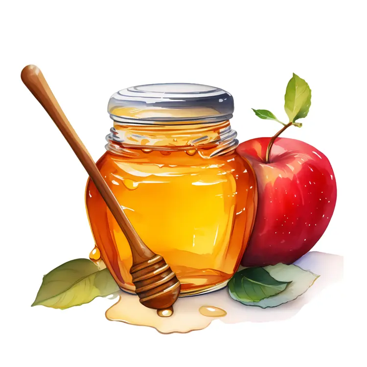Honey Jar and Red Apple with Leaves