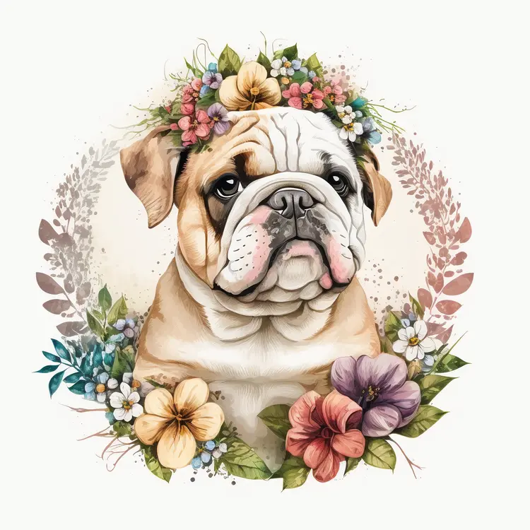 Bulldog with Floral Crown Illustration