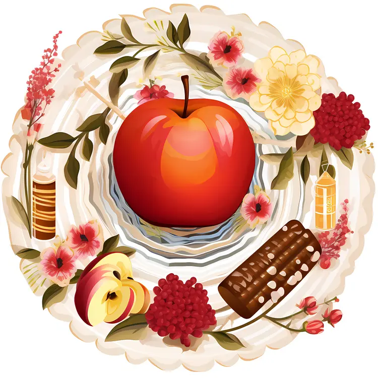 Beautiful Apple with Flowers and Sweets for Rosh Hashanah