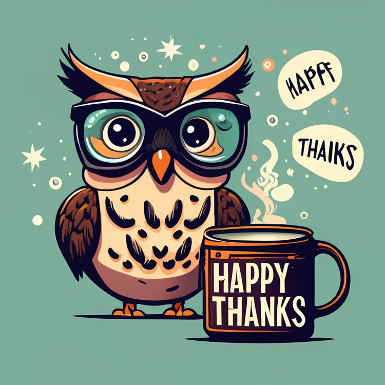 Cute Owl with Glasses and Coffee Cup Saying Happy Thanks