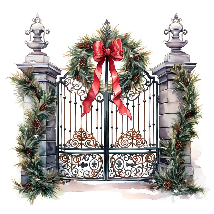 Gate Adorned with Pine Garland and Red Bows