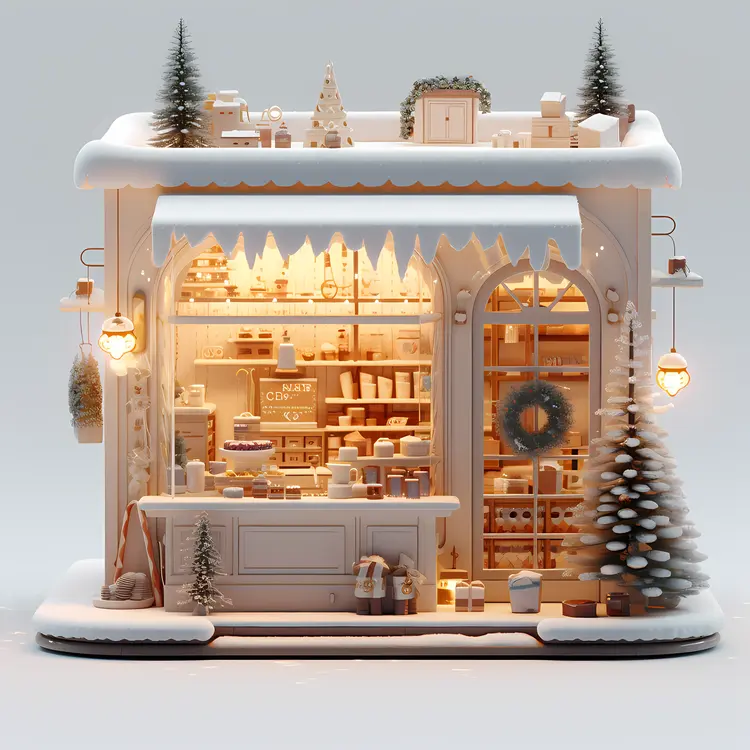 Christmas Shop with Decorations and Snow