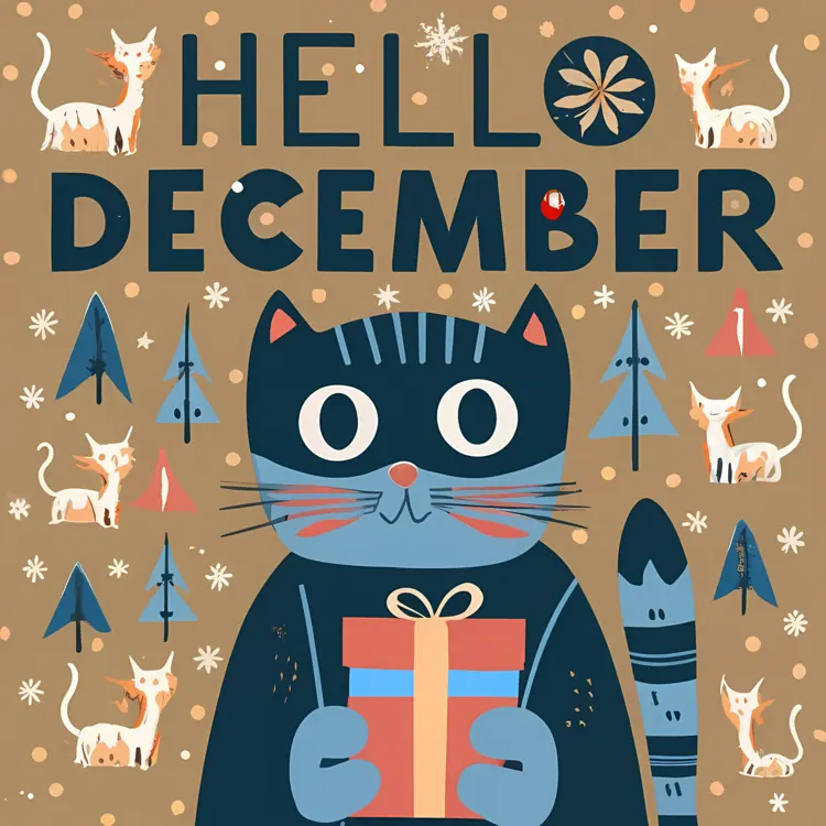 Hello December Text with Cat Holding Gift