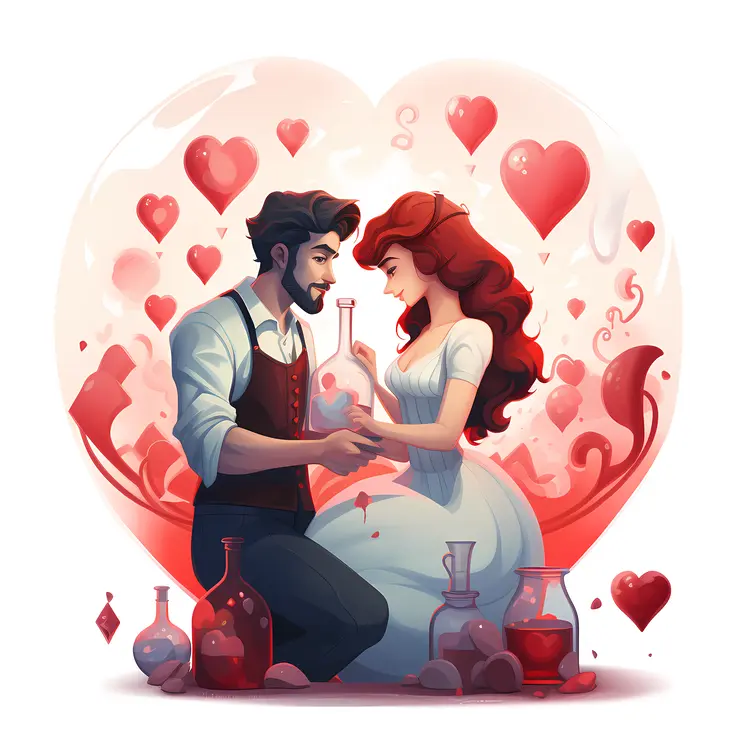 Romantic Couple with Hearts and Love Potions