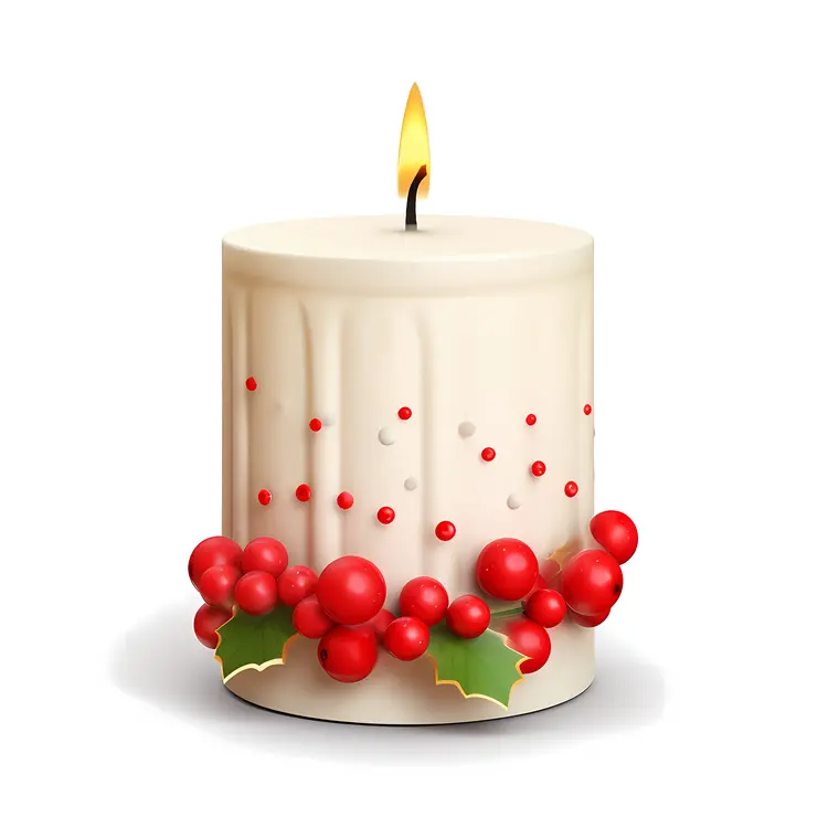 Christmas Candle with Holly and Red Berries