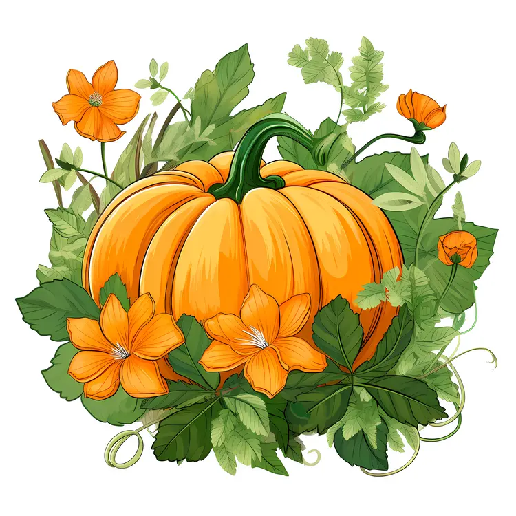 Orange Pumpkin with Green Leaves and Vines