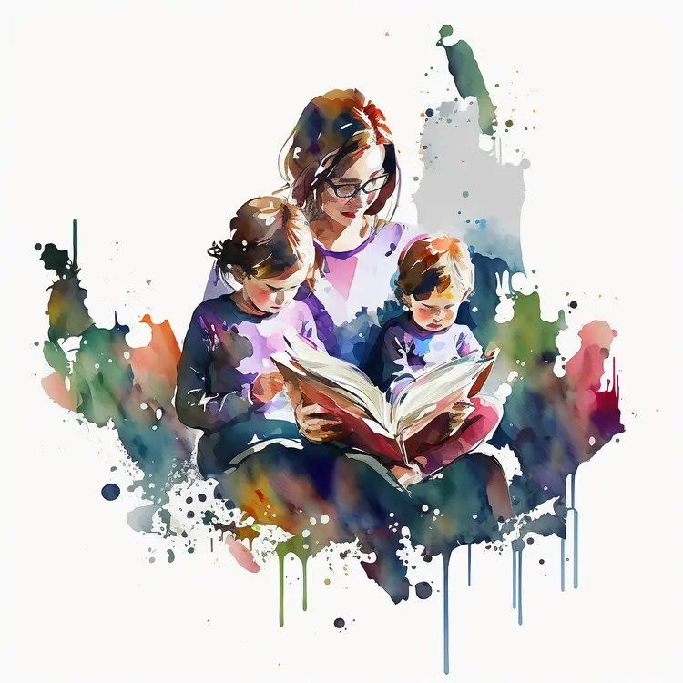 Watercolor Illustration of Mother Reading to Children