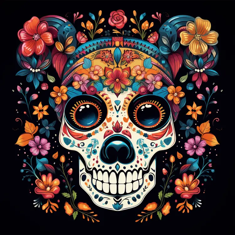 Colorful Sugar Skull with Floral Decorations for Day of the Dead