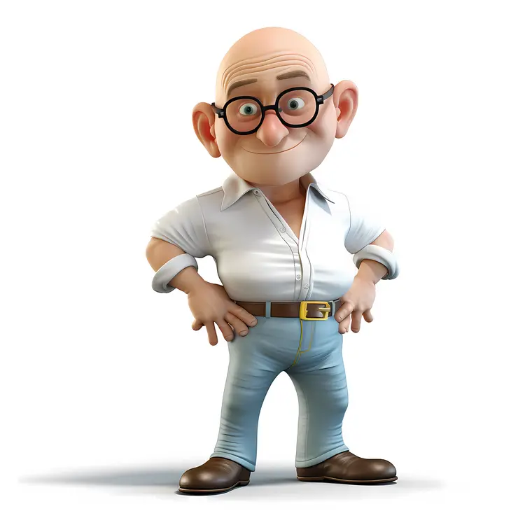Bald Cartoon Man with Glasses in White Shirt