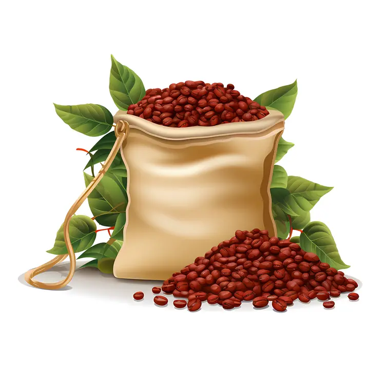 Coffee Beans in Bag with Leaves
