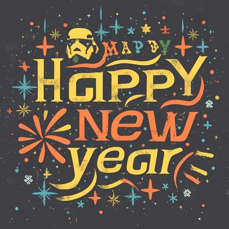 Retro Happy New Year Text with Fireworks