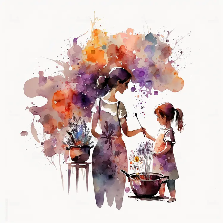 Watercolor Painting of Mother and Child Cooking Together