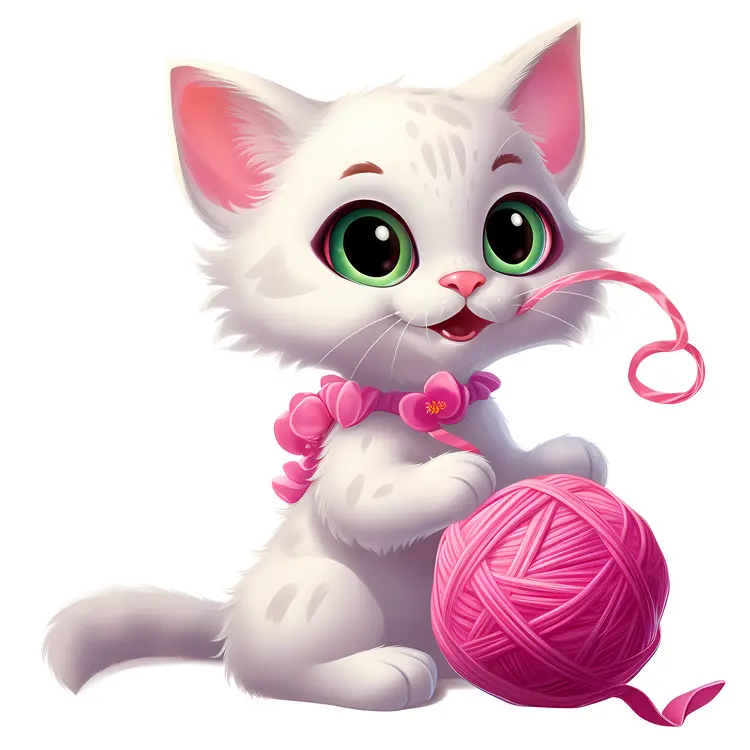 Cute White Cat Playing with Pink Yarn Ball