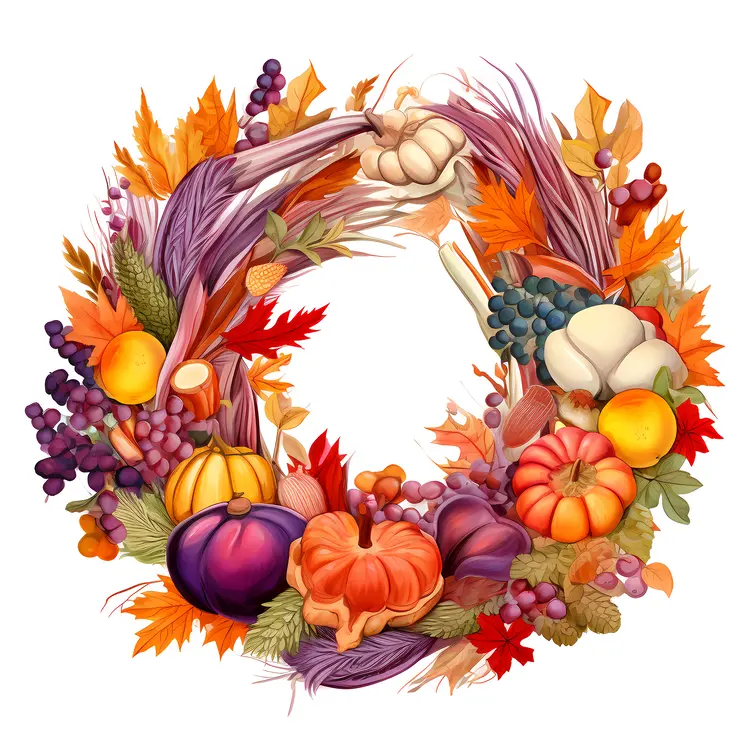 Vibrant Autumn Wreath with Pumpkins and Grapes